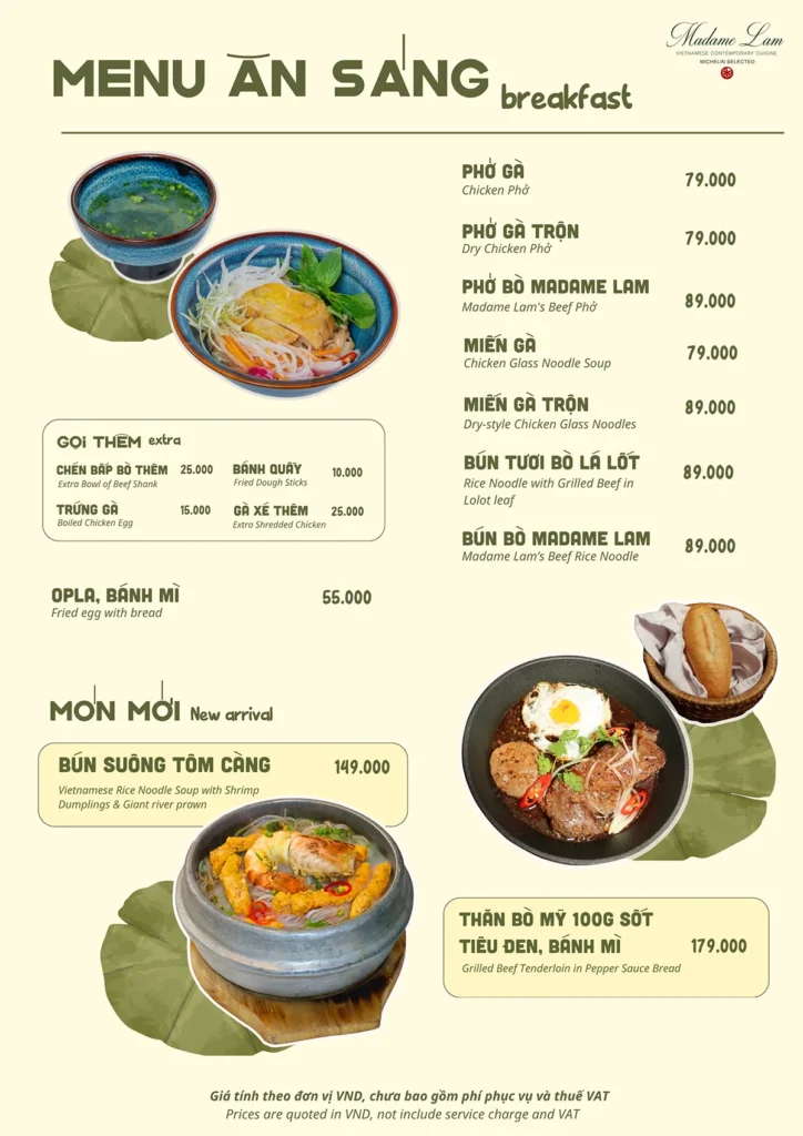 Menu ăn sáng Madame Lam